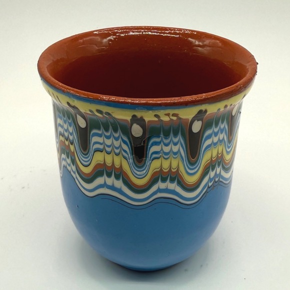 Vintage Bulgarian Troyan Pottery Cup Handcrafted Marbled Folk Art Ceramic Blue - Picture 6 of 12